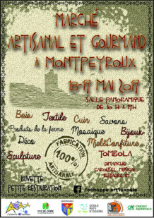 Flyer du marché artisanal et gourmand à Montpeyroux les 18 et 19 mai 2019 (L’Échoppe Art'isanale et Les Choucas)