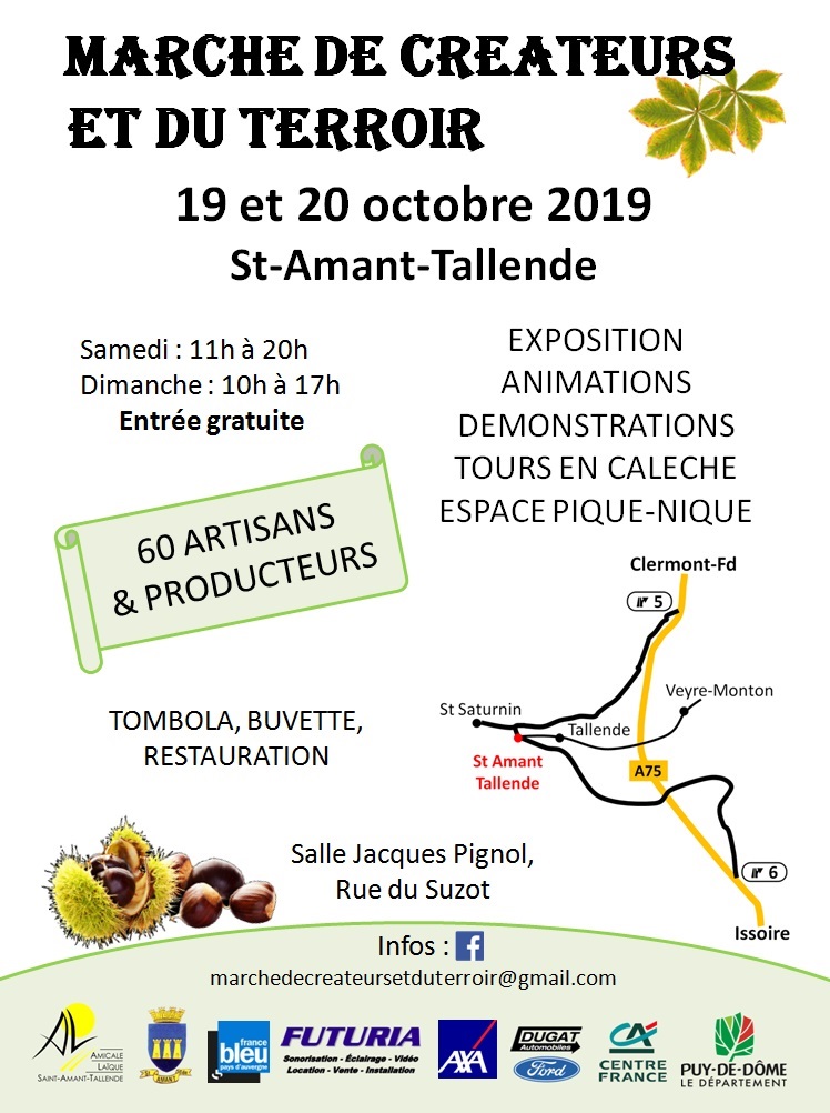 Affiche du marché de créateurs et du terroir à St-Amant-Tallende les 19 et 20 octobre 2019
