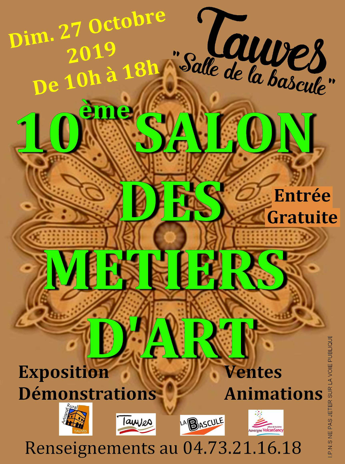 Affiche du 10ème salon des Métiers d'Art à Tauves le 27 octobre 2019