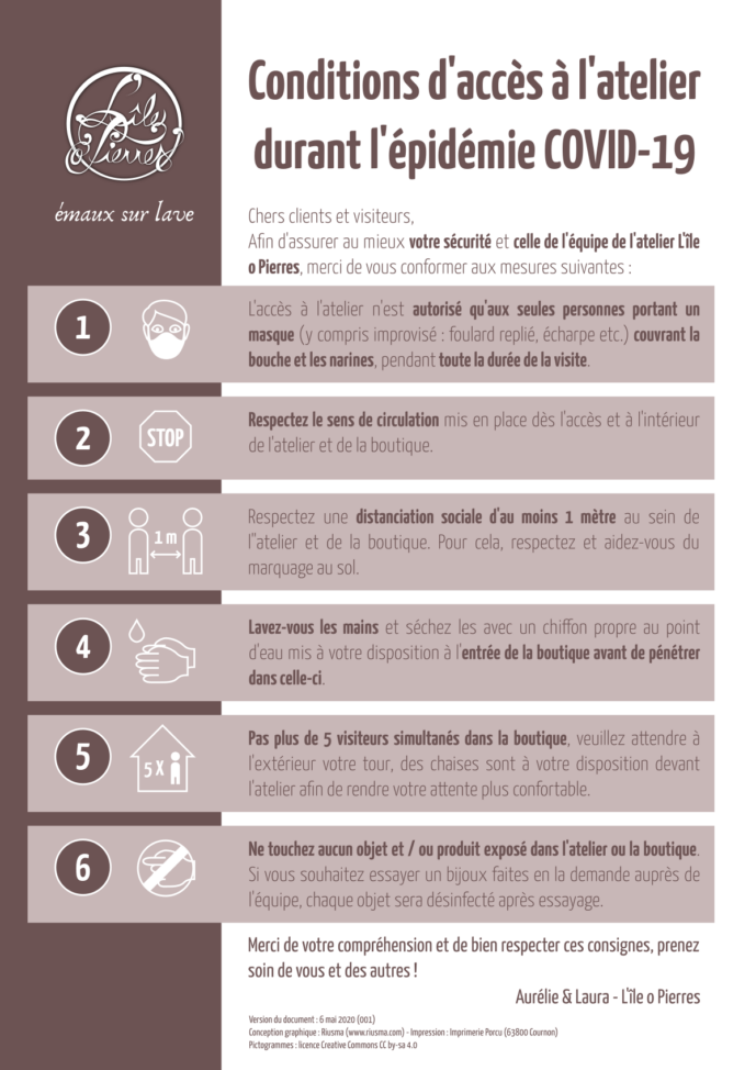 Conditions d'accès à l'atelier-boutique à Montpeyroux durant l'épidémie COVID-19
