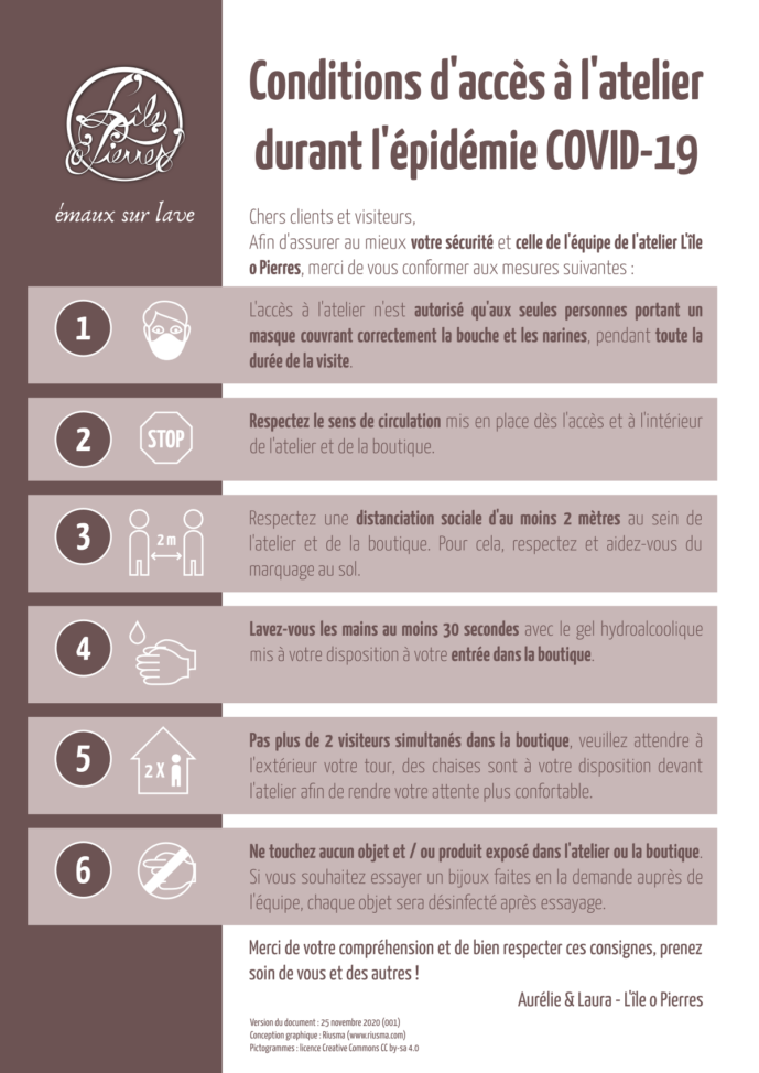 Conditions d'accès à l'atelier-boutique à Montpeyroux durant l'épidémie COVID-19