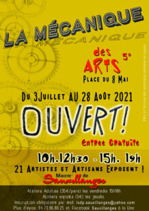 Affiche de l'exposition estivale d'artistes et artisans à la Mécanique des Arts à Sauxillanges (édition 2021)