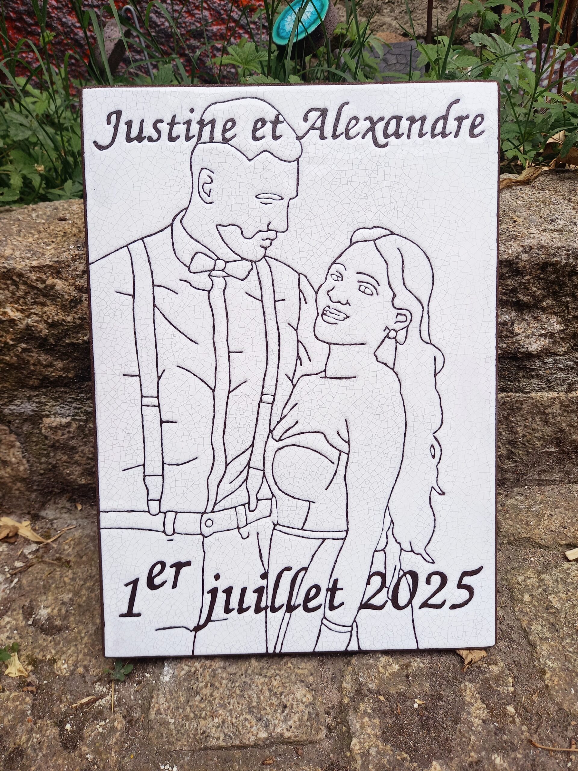 Plaque pour mariés en pierre de lave émaillée